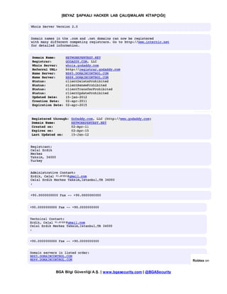 [BEYAZ ŞAPKALI HACKER LAB ÇALIŞMALARI KİTAPÇIĞI]
BGA Bilgi Güvenliği A.Ş. | www.bgasecurity.com | @BGASecurity
 