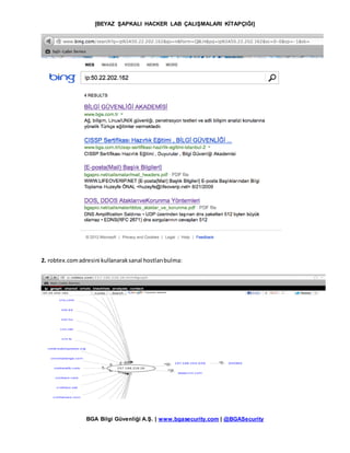 [BEYAZ ŞAPKALI HACKER LAB ÇALIŞMALARI KİTAPÇIĞI]
BGA Bilgi Güvenliği A.Ş. | www.bgasecurity.com | @BGASecurity
2. robtex.comadresini kullanaraksanal hostlarıbulma:
 