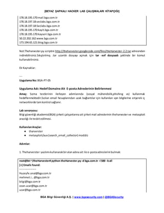 [BEYAZ ŞAPKALI HACKER LAB ÇALIŞMALARI KİTAPÇIĞI]
BGA Bilgi Güvenliği A.Ş. | www.bgasecurity.com | @BGASecurity
178.18.195.170:mail.bga.com.tr
178.18.197.18:seclabs.bga.com.tr
178.18.197.18:Seclabs.bga.com.tr
178.18.195.170:kayit.bga.com.tr
178.18.195.170:kayseri.bga.com.tr
50.22.202.162:www.bga.com.tr
173.194.65.121:blog.bga.com.tr
Not:Theharvester.py scriptini http://theharvester.googlecode.com/files/theHarvester-2.2.tar adresinden
indirebilirsiniz.Sıkıştırılmış .tar uzantılı dosyayı açmak için tar -xvf dosyaadı şeklinde bir komut
kullanabilirsiniz.
Ek Kaynaklar:
---
Uygulama No: BGA-PT-05
Uygulama Adı: Hedef Domaine Ait E-posta Adreslerinin Belirlenmesi
Amaç: Sızma testlerinin ilerleyen adımlarında (sosyal mühendislik,phishing vs) kullanmak
hedeflenmektedir.Sızılan email hesaplarından uzak bağlantılar için kullanılan vpn bilgilerine erişerek iç
networklerde tamkontrol sağlanır.
Lab senaryosu:
Bilgi güvenliği akademisi(BGA) şirketi çalışanlarına ait şirket mail adreslerinin theharvester ve metasploit
aracılığı ile tesbitedilmesi.
KullanılanAraçlar:
● tharverster
● metasploit/aux (search_email_collector) modülü
Adımlar:
1. Theharverster yazılımıkullanarakbiralanadına ait ile e-postaadreslerini bulmak:
root@bt:~/theHarvester# python theHarvester.py-d bga.com.tr -l 500 -ball
[+] Emails found:
------------------
Huzeyfe.onal@bga.com.tr
mehmet.i...@bga.com.tr
bilgi@bga.com.tr
ozan.ucar@bga.com.tr
ucar@bga.com.tr
 