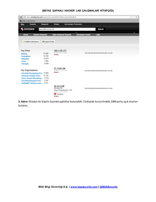 [BEYAZ ŞAPKALI HACKER LAB ÇALIŞMALARI KİTAPÇIĞI]
BGA Bilgi Güvenliği A.Ş. | www.bgasecurity.com | @BGASecurity
2. Adım: Shodan ile il/şehir bazında açıklıklar bulunabilir.Türkiyede bursailindeki 3389 portu açık olanları
bulalım;
 