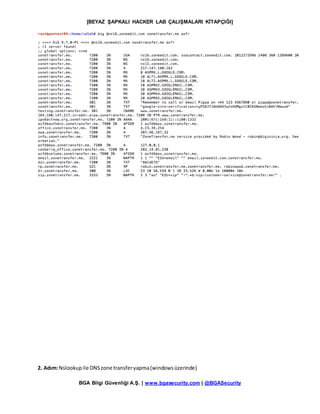 [BEYAZ ŞAPKALI HACKER LAB ÇALIŞMALARI KİTAPÇIĞI]
BGA Bilgi Güvenliği A.Ş. | www.bgasecurity.com | @BGASecurity
2. Adım:Nslookupile DNSzone transferyapma(windowsüzerinde)
 