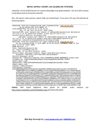 [BEYAZ ŞAPKALI HACKER LAB ÇALIŞMALARI KİTAPÇIĞI]
BGA Bilgi Güvenliği A.Ş. | www.bgasecurity.com | @BGASecurity
networkte 172.24.23.0/24 benzeri bir subnet kullanıldığını bize göstermektedir. 121.14.21.0/24 subneti
ise dış bakantaraf içinkullanılansubnettir.
Not: /24 subnet maskı yalnızca subneti ifade için kullanılmıştır. Firma bunu /25 veya /26 şeklinde de
kullanmışolabilir.
4.Adım: Mail başlık bilgilerinin daha görsel bir şekilde analiz edilmesi için
http://www.mxtoolbox.com/EmailHeaders.aspxadreside kullanılabilir.
 