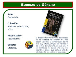 El detective Valente Quintana debe descu-
brir la identidad del violador de Papa-
loapan, Veracruz. El criminal opera de ma-
nera muy extraña, ultraja a las víctimas en
las noches de luna llena, sin que ellas ni
sus familias se den cuenta a no ser por un
mechón de cabello que les hace falta. De
principio a fin, una lectura de suspenso.
Autor:
Carlos Isla;
Colección:
Biblioteca de Escolar,
2005;
Nivel escolar:
Secundaria;
Género:
Literario.
EQUIDAD DE GÉNERO
 