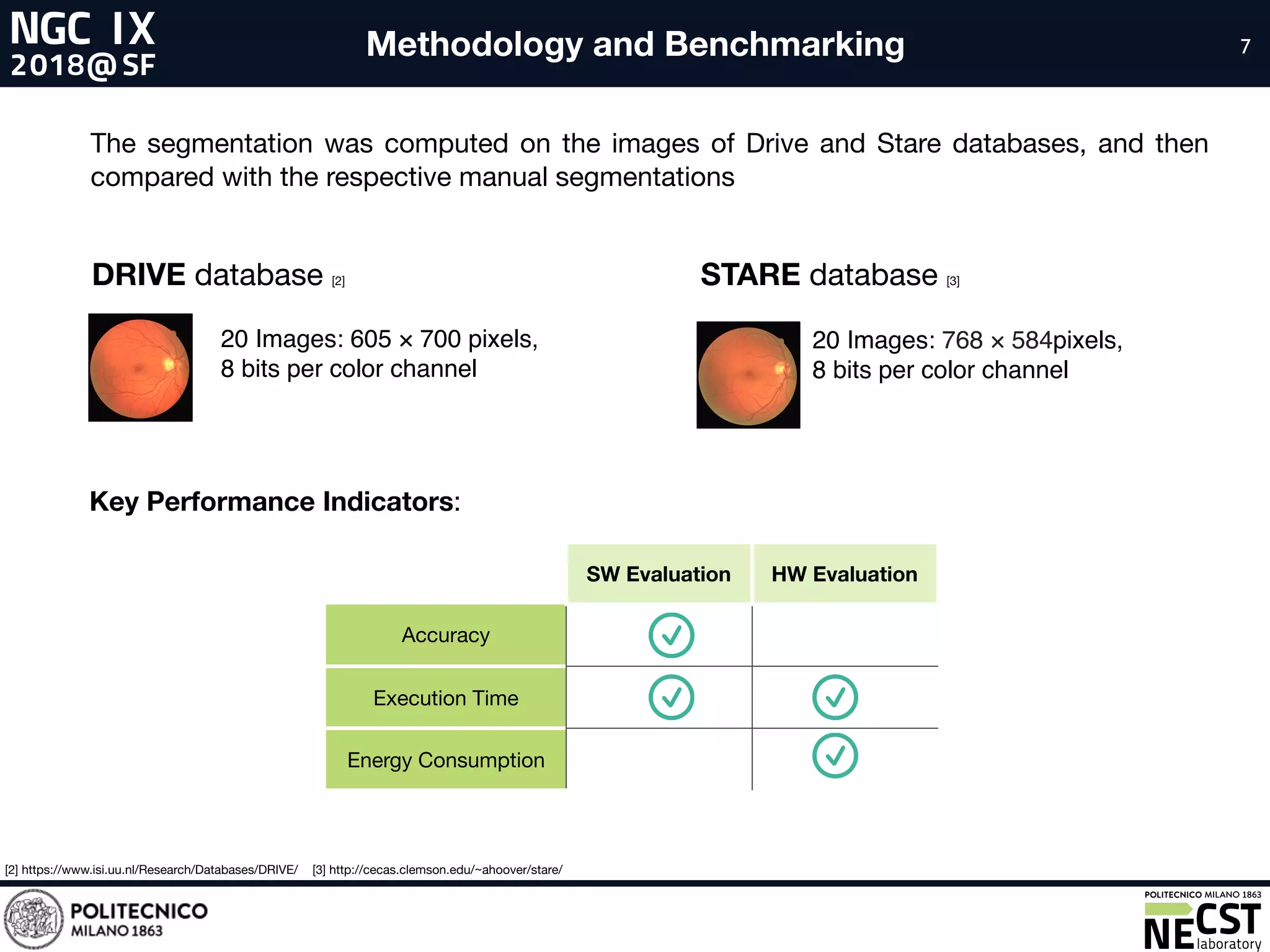 The segmentation was computed on the images of Drive and Stare databases, and then
compared with the respective manual segmentations
77Methodology and Benchmarking
DRIVE database [2] STARE database [3]
20 Images: 605 × 700 pixels,
8 bits per color channel
20 Images: 768 × 584pixels,
8 bits per color channel
[2] https://www.isi.uu.nl/Research/Databases/DRIVE/ [3] http://cecas.clemson.edu/~ahoover/stare/
Key Performance Indicators:
SW Evaluation HW Evaluation
Accuracy
Execution Time
Energy Consumption
 