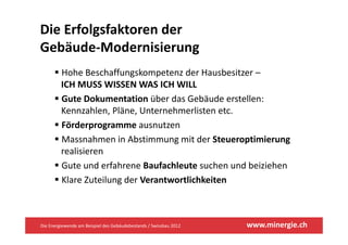 Die Erfolgsfaktoren der 
Gebäude‐Modernisierung
         Hohe Beschaffungskompetenz der Hausbesitzer –
         ICH MUSS WISSEN WAS ICH WILL
         Gute Dokumentation über das Gebäude erstellen: 
         Kennzahlen, Pläne, Unternehmerlisten etc.
         Förderprogramme ausnutzen
         Fö d                     t
         Massnahmen in Abstimmung mit der Steueroptimierung
         realisieren
         Gute und erfahrene Baufachleute suchen und beiziehen
         Klare Zuteilung der Verantwortlichkeiten
         Kl     Z t il   d V      t   tli hk it



Die Energiewende am Beispiel des Gebäudebestands / Swissbau 2012   www.minergie.ch
 