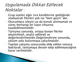 Grup üyeleri eğer sıra kendilerine geldiğinde 
söyleyecek fikirleri yok ise “beni geçin” der. 
Oturumlara izleyici ya da konuk alınmamalı ve 
süreç herhangi bir kayıt cihazına 
kaydedilmemelidir. 
Tartışma sonunda, ortaya konan fikirler 
eleştirilmeli, analiz edilmeli ve 
değerlendirilmelidir.Değerlendirme sonunda, 
çözüm yolu bulunmaya çalışılmalıdır. 
Yapılan çalışma sonucunda elde edilen sonuca 
bakılarak, tartışmaya devam edip edilmeyeceğine 
karar verilmelidir. 
 
