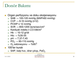 16.11.2023 28
Donör Bakımı
 Organ perfüzyonu ve doku oksijenasyonu
 SAB → 100-120 mmHg (MAP≥60 mmHg)
 CVP → 8-10 mmHg (≤12)
 PCWP ≤ 12 mmHg
 SVR → 800-1200 dyne/sec/cm5
 Kardiyak indeks ≥ 2,5 l/dk/m2
 Hb → 10-12 gr/dl
 Htc → %30-35
 pH → 7,37-7,45
 PO2 → 80-110 mmHg
 O2 satürasyonu → %95
 100’ler kuralı
 SAP, kalp hızı, idrar çıkışı, PaO2
 