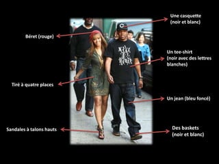 Une casquette
                           (noir et blanc)

        Béret (rouge)

                          Un tee-shirt
                          (noir avec des lettres
                          blanches)


  Tiré à quatre places

                          Un jean (bleu foncé)




Sandales à talons hauts     Des baskets
                            (noir et blanc)
 