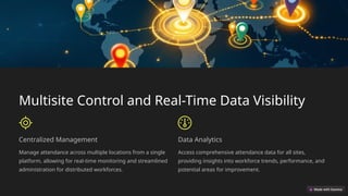 Multisite Control and Real-Time Data Visibility
Centralized Management
Manage attendance across multiple locations from a single
platform, allowing for real-time monitoring and streamlined
administration for distributed workforces.
Data Analytics
Access comprehensive attendance data for all sites,
providing insights into workforce trends, performance, and
potential areas for improvement.
 