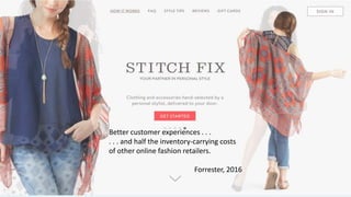 Better customer experiences . . .
. . . and half the inventory-carrying costs
of other online fashion retailers.
Forrester, 2016
 