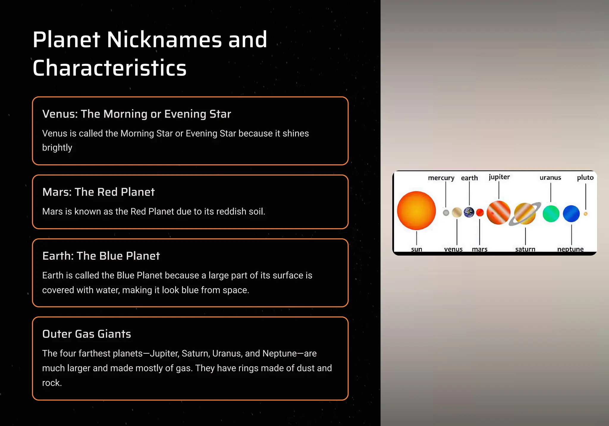 Planet Nicknames and
Characteristics
Venus: The Morning or Evening Star
Venus is called the Morning Star or Evening Star because it shines
brightly
Mars: The Red Planet
Mars is known as the Red Planet due to its reddish soil.
Earth: The Blue Planet
Earth is called the Blue Planet because a large part of its surface is
covered with water, making it look blue from space.
Outer Gas Giants
The four farthest planets4Jupiter, Saturn, Uranus, and Neptune4are
much larger and made mostly of gas. They have rings made of dust and
rock.
 