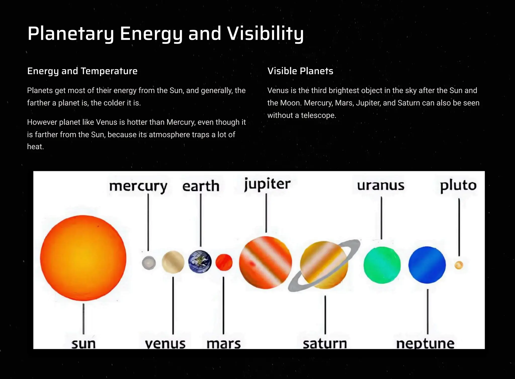 Planetary Energy and Visibility
Energy and Temperature
Planets get most of their energy from the Sun, and generally, the
farther a planet is, the colder it is.
However planet like Venus is hotter than Mercury, even though it
is farther from the Sun, because its atmosphere traps a lot of
heat.
Visible Planets
Venus is the third brightest object in the sky after the Sun and
the Moon. Mercury, Mars, Jupiter, and Saturn can also be seen
without a telescope.
 