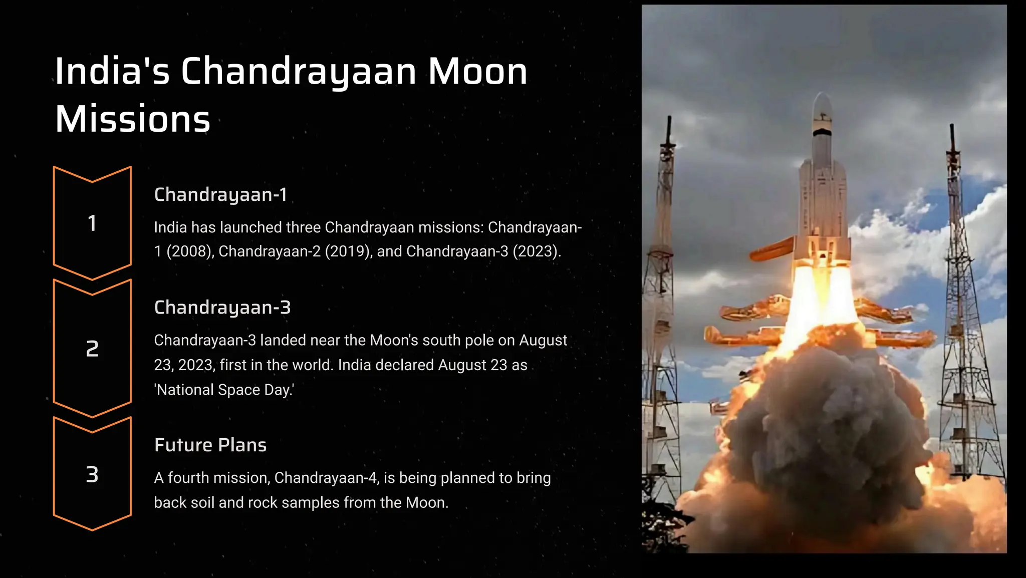 India's Chandrayaan Moon
Missions
1
Chandrayaan-1
India has launched three Chandrayaan missions: Chandrayaan-
1 (2008), Chandrayaan-2 (2019), and Chandrayaan-3 (2023).
2
Chandrayaan-3
Chandrayaan-3 landed near the Moon's south pole on August
23, 2023, first in the world. India declared August 23 as
'National Space Day.'
3
Future Plans
A fourth mission, Chandrayaan-4, is being planned to bring
back soil and rock samples from the Moon.
 