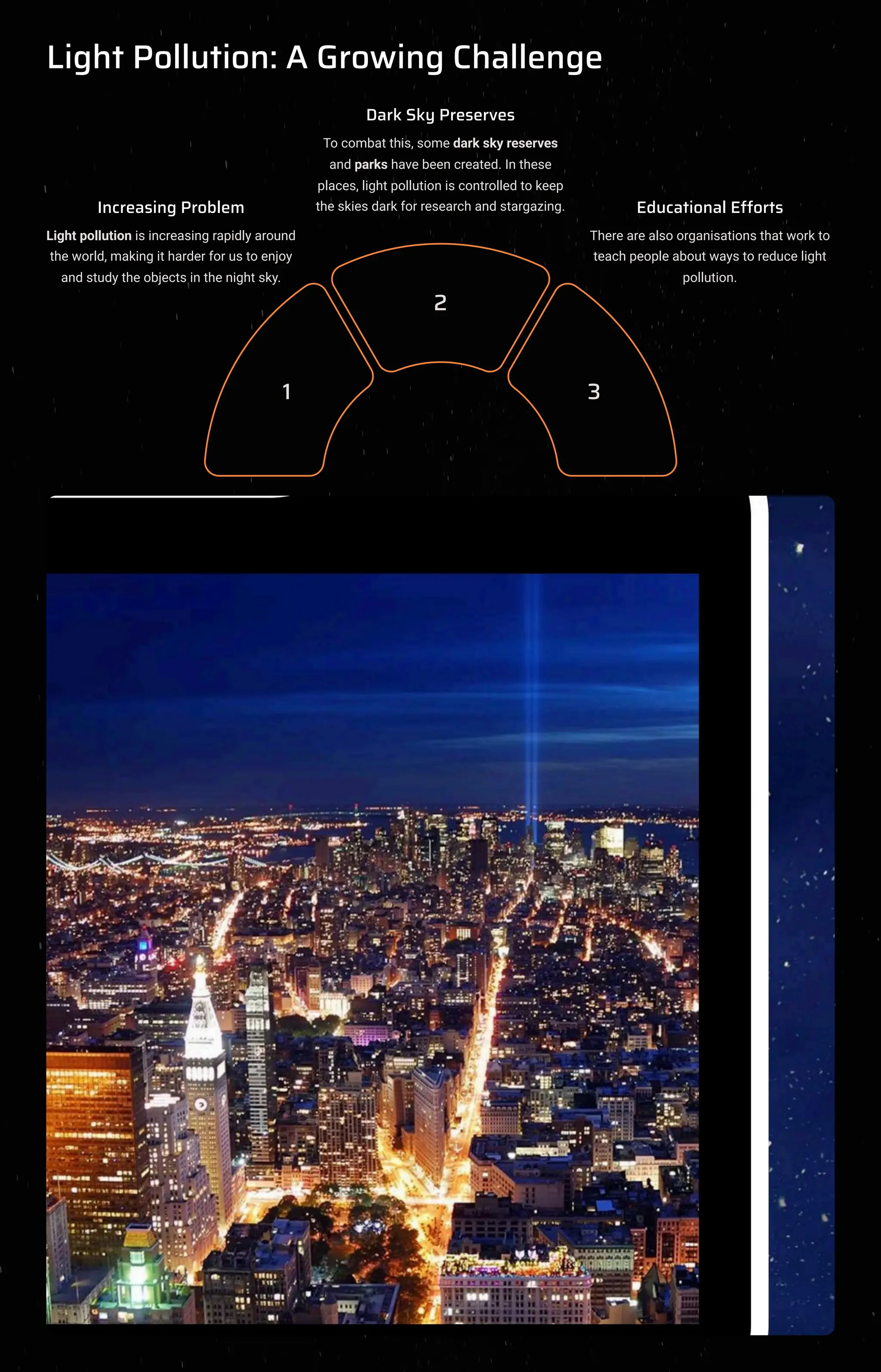 Light Pollution: A Growing Challenge
1
2
3
Increasing Problem
Light pollution is increasing rapidly around
the world, making it harder for us to enjoy
and study the objects in the night sky.
Dark Sky Preserves
To combat this, some dark sky reserves
and parks have been created. In these
places, light pollution is controlled to keep
the skies dark for research and stargazing. Educational Efforts
There are also organisations that work to
teach people about ways to reduce light
pollution.
 