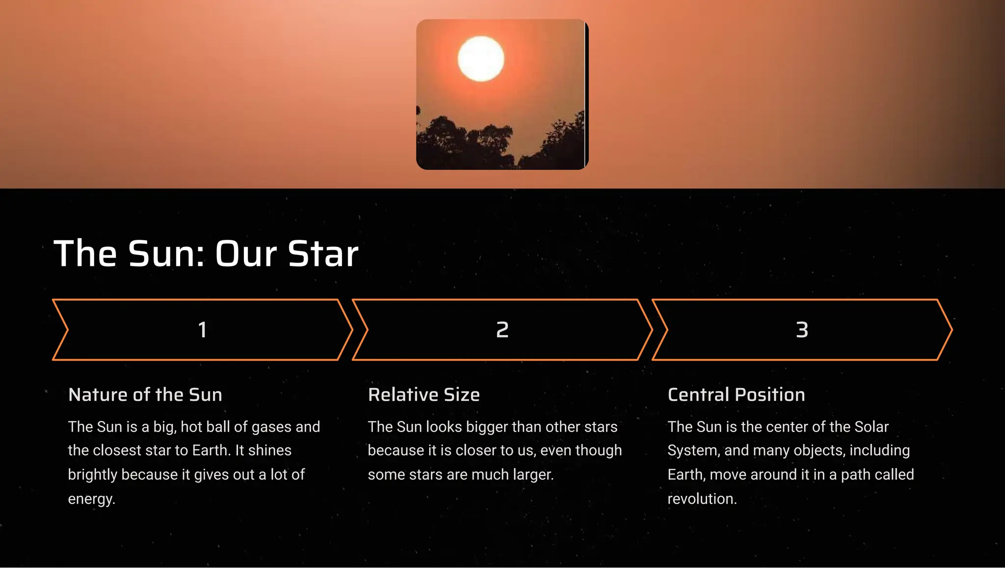 The Sun: Our Star
1
Nature of the Sun
The Sun is a big, hot ball of gases and
the closest star to Earth. It shines
brightly because it gives out a lot of
energy.
2
Relative Size
The Sun looks bigger than other stars
because it is closer to us, even though
some stars are much larger.
3
Central Position
The Sun is the center of the Solar
System, and many objects, including
Earth, move around it in a path called
revolution.
 