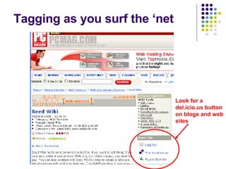 Tagging as you surf the ‘net Look for a del.icio.us button on blogs and web sites 