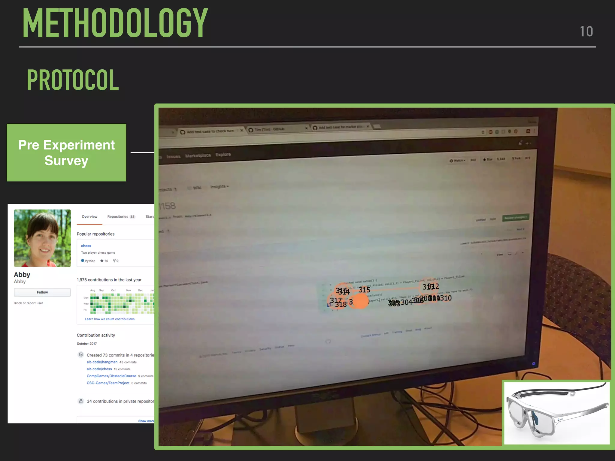 10
PROTOCOL
Pre Experiment
Survey
Tic Tac Toe
Training Session
Review
Proﬁle Page +
Pull Request
METHODOLOGY
 