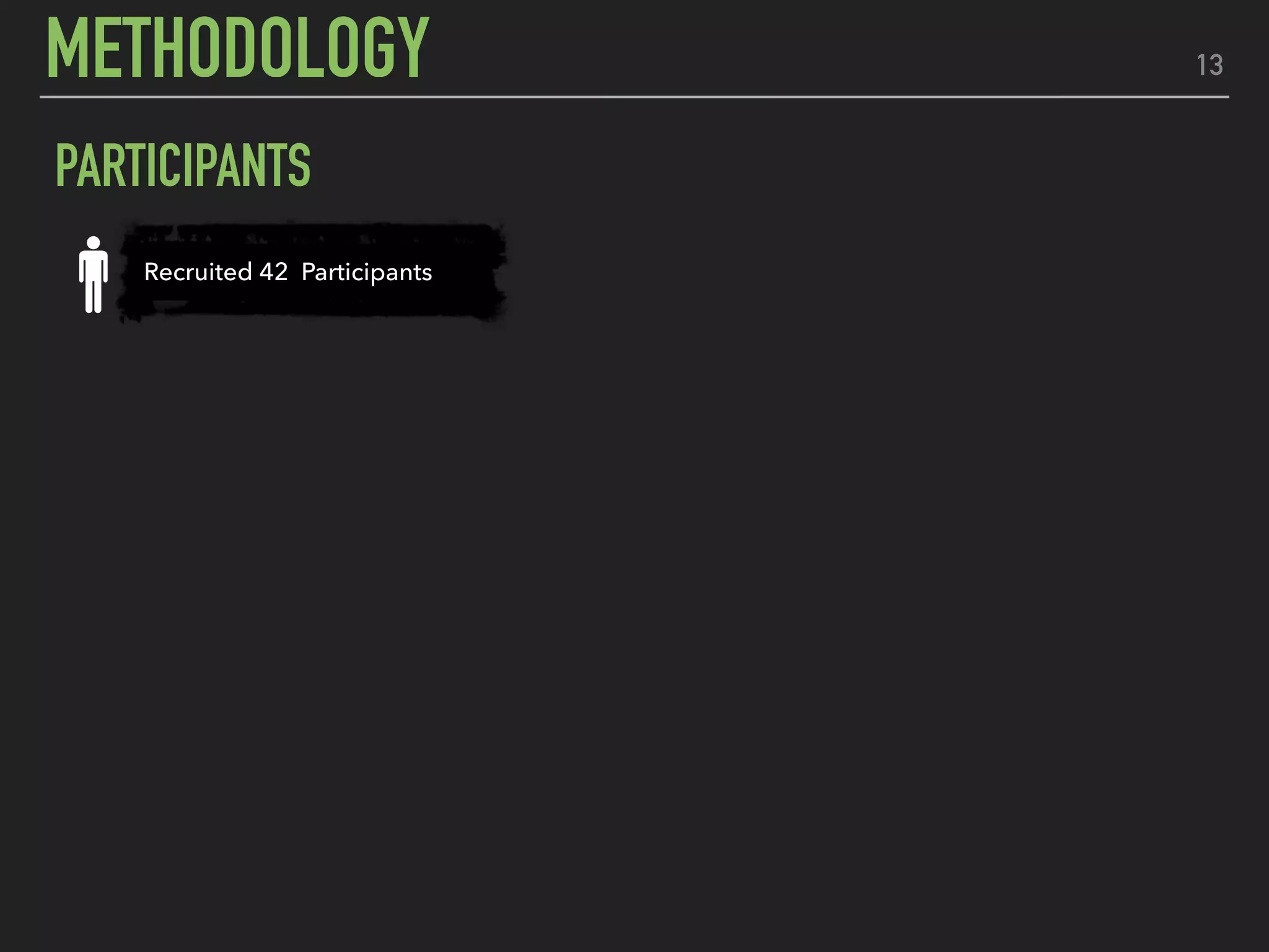 Recruited 42 Participants
13
PARTICIPANTS
METHODOLOGY
 