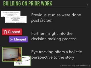 6BUILDING ON PRIOR WORK
Previous studies were done
post factum
Further insight into the
decision making process
Eye tracking offers a holistic
perspective to the story
[Dabbish, 2012] [Tsay, 2014] [Marlow 2013]
 
