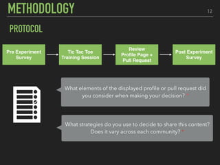 12
PROTOCOL
Pre Experiment
Survey
Tic Tac Toe
Training Session
Post Experiment
Survey
Review
Proﬁle Page +
Pull Request
What elements of the displayed proﬁle or pull request did
you consider when making your decision? *
What strategies do you use to decide to share this content?
Does it vary across each community? *
METHODOLOGY
 