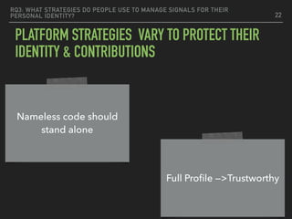 RQ3: WHAT STRATEGIES DO PEOPLE USE TO MANAGE SIGNALS FOR THEIR
PERSONAL IDENTITY?
PLATFORM STRATEGIES VARY TO PROTECT THEIR
IDENTITY & CONTRIBUTIONS
22
Nameless code should
stand alone
Full Proﬁle —>Trustworthy
 