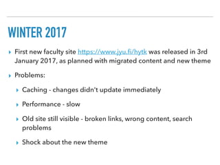 WINTER 2017
▸ First new faculty site https://www.jyu.ﬁ/hytk was released in 3rd
January 2017, as planned with migrated content and new theme
▸ Problems:
▸ Caching - changes didn't update immediately
▸ Performance - slow
▸ Old site still visible - broken links, wrong content, search
problems
▸ Shock about the new theme
 