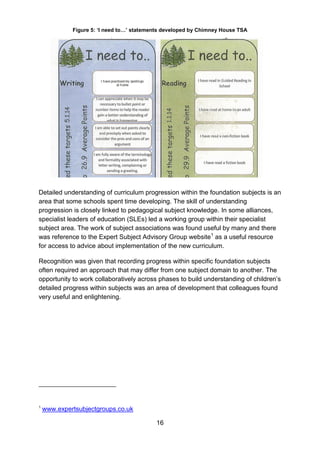 16
Figure 5: ‘I need to…’ statements developed by Chimney House TSA
Detailed understanding of curriculum progression within the foundation subjects is an
area that some schools spent time developing. The skill of understanding
progression is closely linked to pedagogical subject knowledge. In some alliances,
specialist leaders of education (SLEs) led a working group within their specialist
subject area. The work of subject associations was found useful by many and there
was reference to the Expert Subject Advisory Group website1
as a useful resource
for access to advice about implementation of the new curriculum.
Recognition was given that recording progress within specific foundation subjects
often required an approach that may differ from one subject domain to another. The
opportunity to work collaboratively across phases to build understanding of children’s
detailed progress within subjects was an area of development that colleagues found
very useful and enlightening.
1
www.expertsubjectgroups.co.uk
 