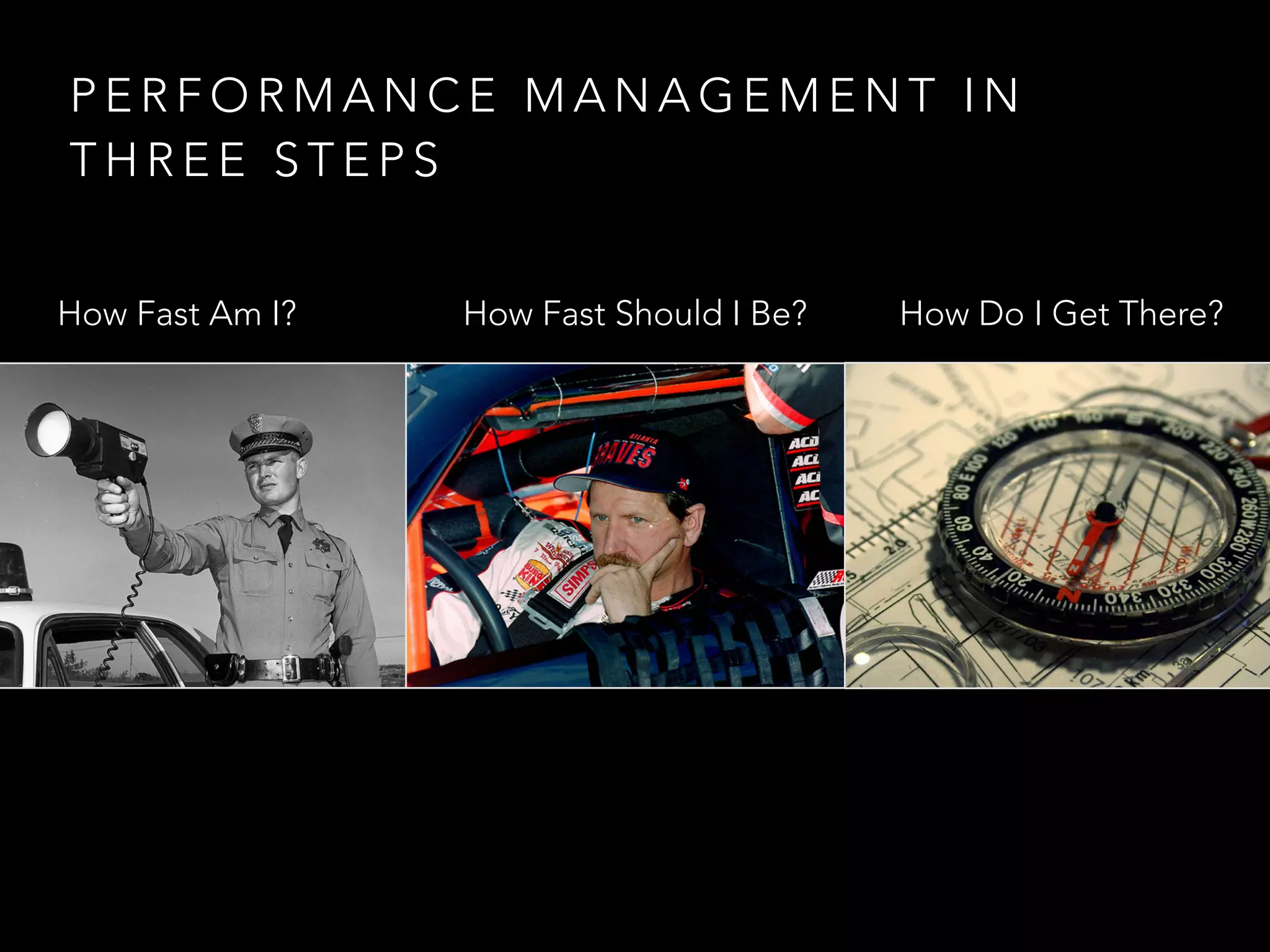 PERFORMANCE MANAGEMENT IN 
THREE STEPS 
How Fast Am I? How Fast Should I Be? How Do I Get There? 
 