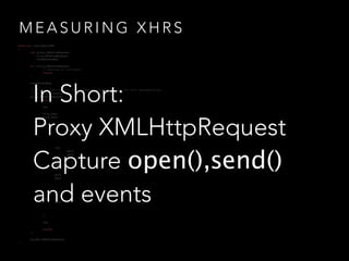 MEASURING XHRS 
!! 
function instrumentXHR 
{! 
! var proxy_XMLHttpRequest 
! orig_XMLHttpRequest 
! readyStateMap if (!orig_XMLHttpRequest 
! ! // Nothing to instrument 
! ! return 
!! }! 
! readyStateMap !! 
// We could also inherit from window.XMLHttpRequest, but for this implementation, 
! // we'll use composition 
! proxy_XMLHttpRequest 
In Short: 
Proxy XMLHttpRequest 
Capture open(),send() 
and events 
! var ! 
!! ! req 
! ! orig_open 
!! ! orig_send 
! ! req 
! ! ! 
! ! ! ! req 
! ! ! ! ! perf 
! ! ! ! 
!! ! ! 
! ! ! req 
! ! ! ! perf 
! ! ! ! perf 
! ! ! 
! ! ! req 
! ! ! req 
!! ! ! req 
! ! ! perf 
!! ! ! perf 
! ! ! 
! ! ! 
!! ! }; 
! ! req 
!! ! ! perf 
! ! ! 
! ! ! 
!! ! }; 
!! ! req 
! ! return 
!! };! 
! window.XMLHttpRequest 
} 
 