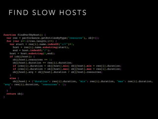 FIND SLOW HOSTS 
function findPerfByHost() {! 
var res = performance.getEntriesByType("resource"), obj={};! 
for (var i=0;i<res.length;i++) {! 
var start = res[i].name.indexOf("://")+3,! 
host = res[i].name.substring(start),! 
end = host.indexOf("/");! 
host = host.substring(0,end);! 
if (obj[host]) {! 
obj[host].resources += 1;! 
obj[host].duration += res[i].duration;! 
if (res[i].duration < obj[host].min) obj[host].min = res[i].duration;! 
if (res[i].duration > obj[host].max) obj[host].max = res[i].duration;! 
obj[host].avg = obj[host].duration / obj[host].resources;! 
}! 
else {! 
obj[host] = {"duration": res[i].duration, "min": res[i].duration, "max": res[i].duration, 
"avg": res[i].duration, "resources": 1};! 
}! 
}! 
return obj;! 
} 
 