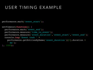 USER TIMING EXAMPLE 
performance.mark(‘event_start');! 
! 
setTimeout(function() {! 
performance.mark('event_end');! 
performance.measure(‘time_to_event’);! 
performance.measure('event_duration','event_start',‘event_end');! 
console.log('Event took ' + ! 
performance.getEntriesByName(‘event_duration')[0].duration + ! 
' ms');! 
}, 1000); 
 