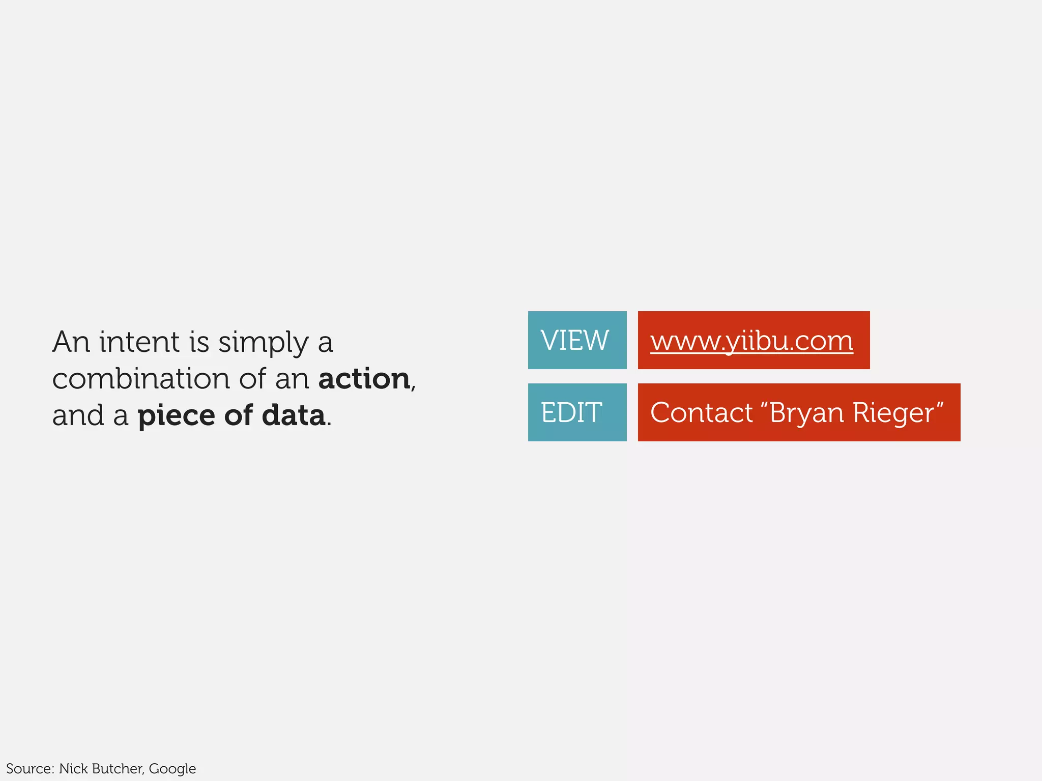 An intent is simply a
combination of an action,
and a piece of data.
Source: Nick Butcher, Google
VIEW
EDIT Contact “Bryan Rieger”
www.yiibu.com
 