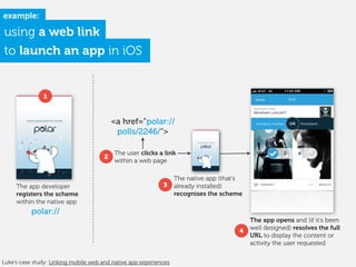 polar://
The user clicks a link
within a web page
The native app (that’s
already installed)
recognises the scheme
The app developer
registers the scheme
within the native app
<a href=”polar://
polls/2246/”>
The app opens and (if it’s been
well designed) resolves the full
URL to display the content or
activity the user requested
using a web link
to launch an app in iOS
2
3
4
1
example:
Luke’s case study: Linking mobile web and native app experiences
 