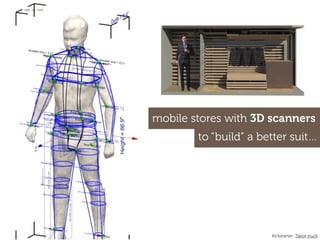to “build” a better suit…
mobile stores with 3D scanners
Kickstarter: Tailor truck
 