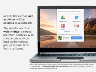 Mozilla hopes that web
activities will be
adopted as a standard.
The development of
web intents–a similar,
but more comple...