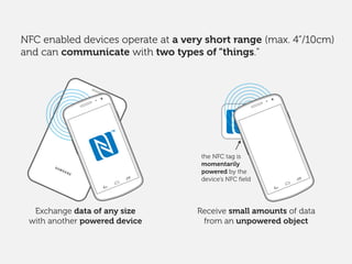 Receive small amounts of data
from an unpowered object
the NFC tag is
momentarily
powered by the
device’s NFC ﬁeld
NFC ena...