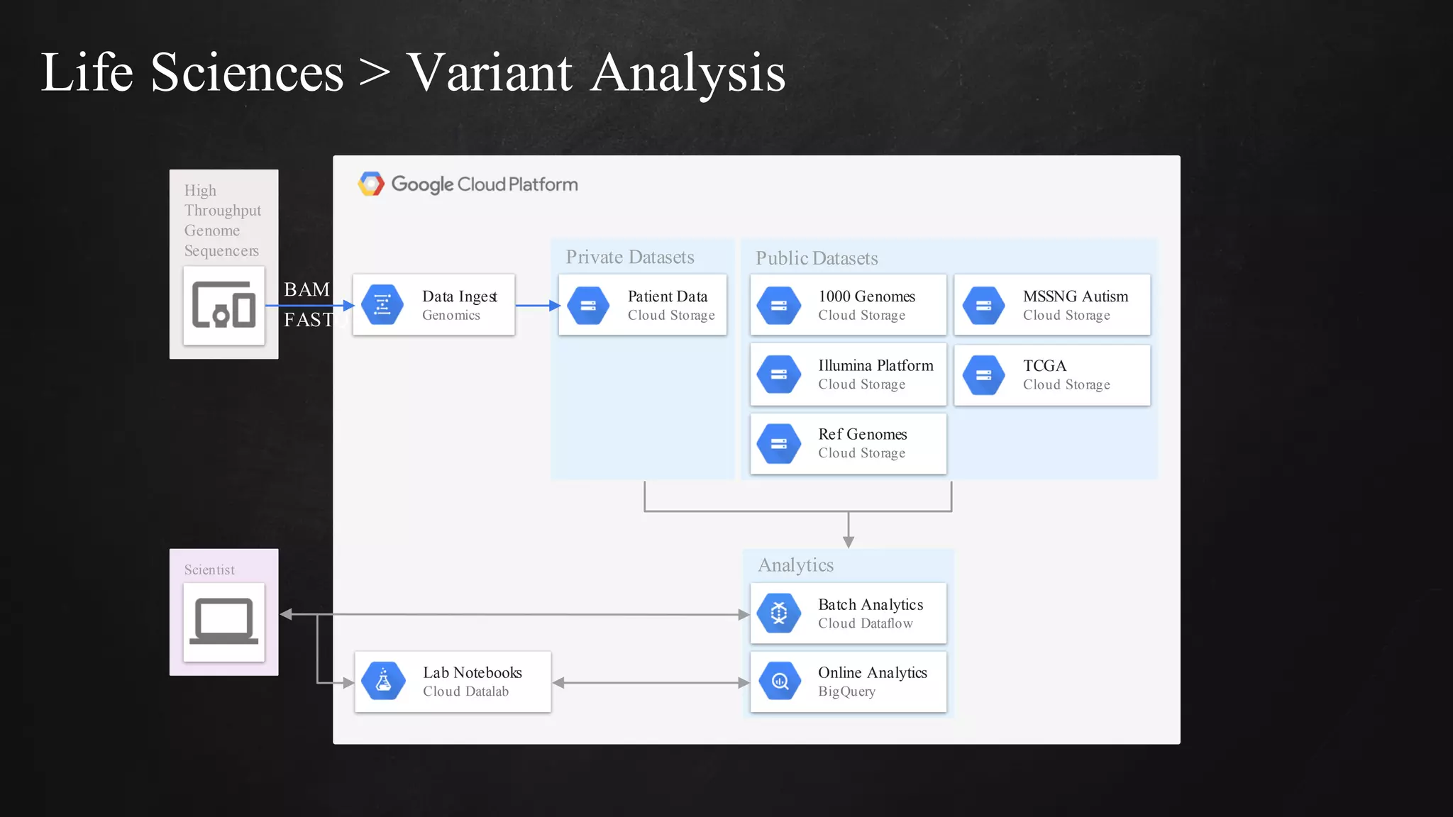 Private Datasets Public Datasets
Life Sciences > Variant Analysis
MSSNG Autism
Cloud Storage
Scientist
High
Throughput
Genome
Sequencers
1000 Genomes
Cloud Storage
Patient Data
Cloud Storage
Illumina Platform
Cloud Storage
Ref Genomes
Cloud Storage
TCGA
Cloud Storage
Analytics
Online Analytics
BigQuery
Batch Analytics
Cloud Dataflow
Lab Notebooks
Cloud Datalab
Data Ingest
Genomics
BAM
FASTQ
 
