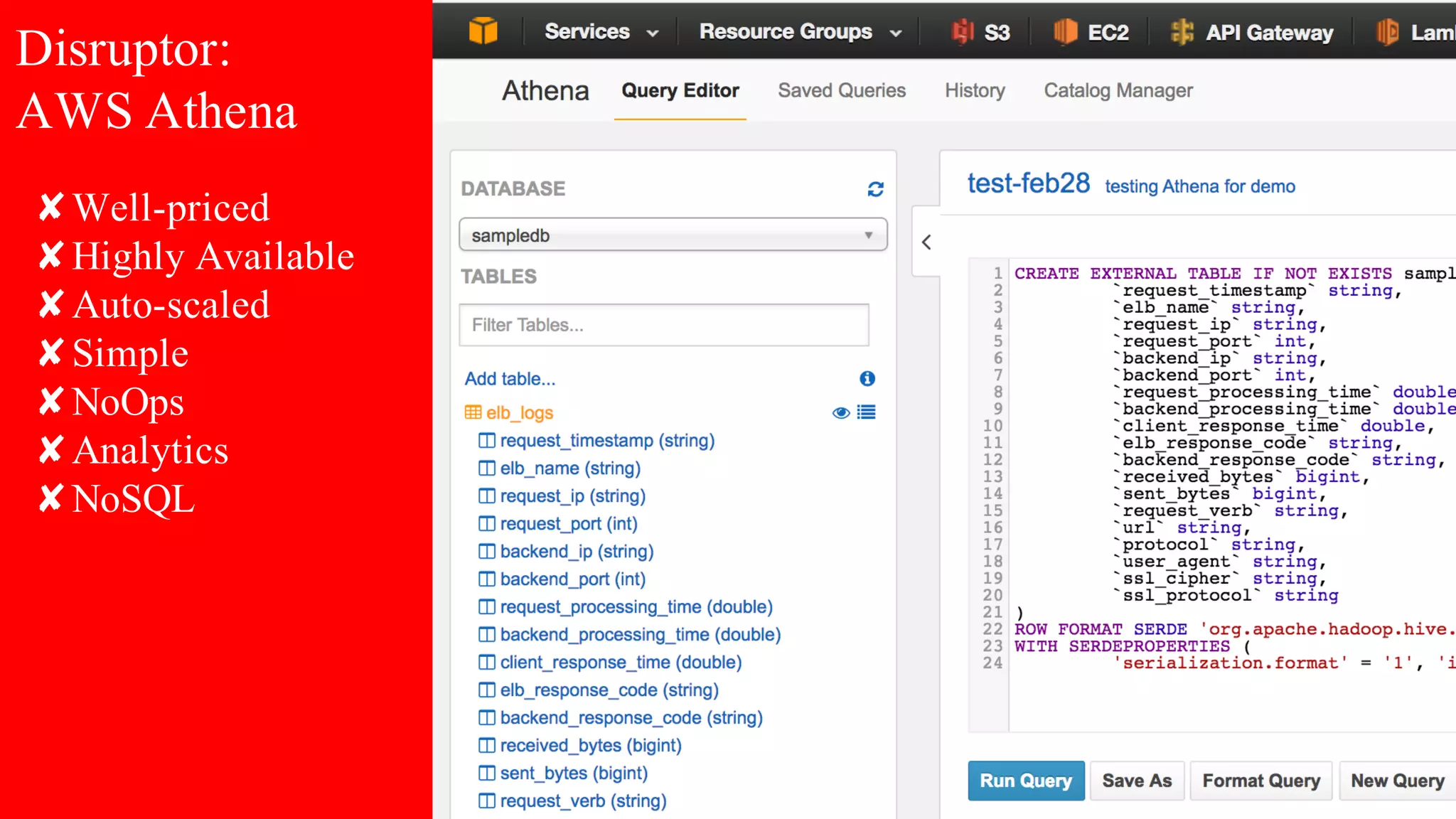 Disruptor:
AWS Athena
✘Well-priced
✘Highly Available
✘Auto-scaled
✘Simple
✘NoOps
✘Analytics
✘NoSQL
 