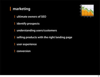 marketing
  ultimate owners of SEO

  identify prospects

  understanding users/customers

  selling products with the right landing page

  user experience

  conversion




                                                 32
 