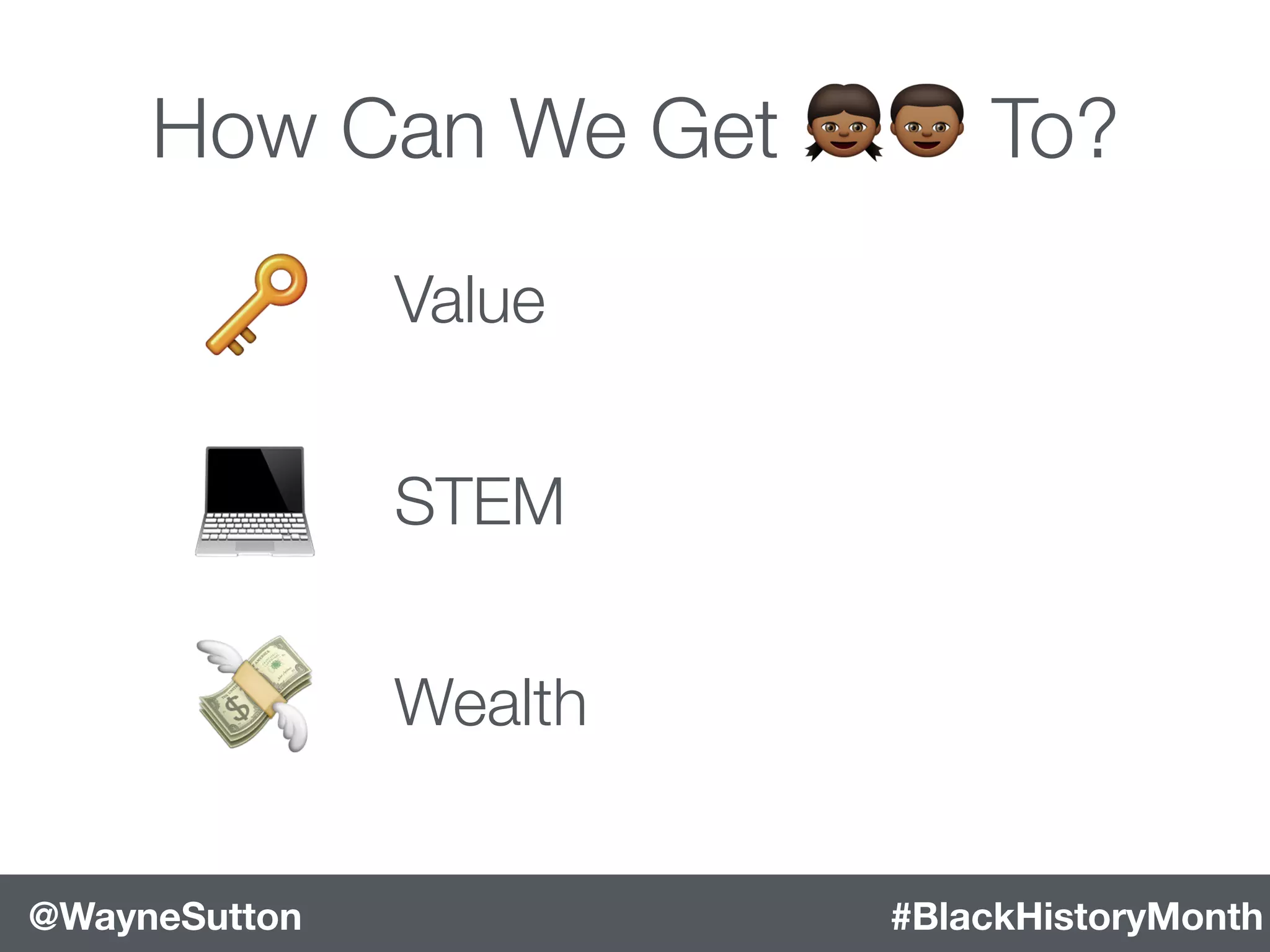 #BlackHistoryMonth@WayneSutton
How Can We Get %& To?
💻
💸
🔑 Value
STEM
Wealth
 