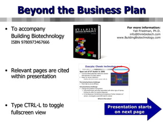 Beyond the Business Plan ,[object Object],[object Object],[object Object],[object Object],[object Object],[object Object],Presentation starts on next page For more information: Yali Friedman, Ph.D. [email_address] www.BuildingBiotechnology.com 