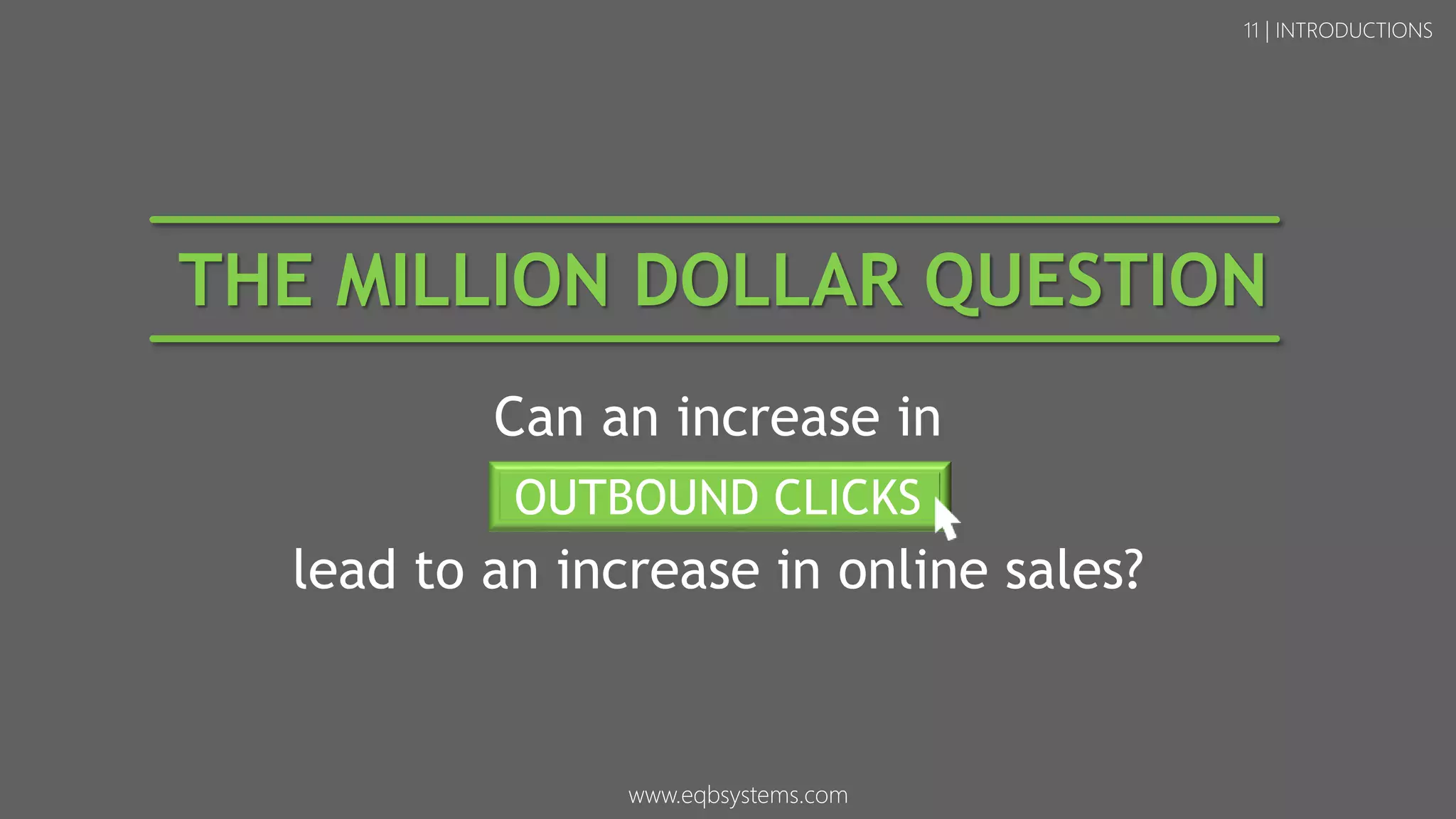 Can an increase in
lead to an increase in online sales?
11 | INTRODUCTIONS
THE MILLION DOLLAR QUESTION
OUTBOUND CLICKS
www.eqbsystems.com
 