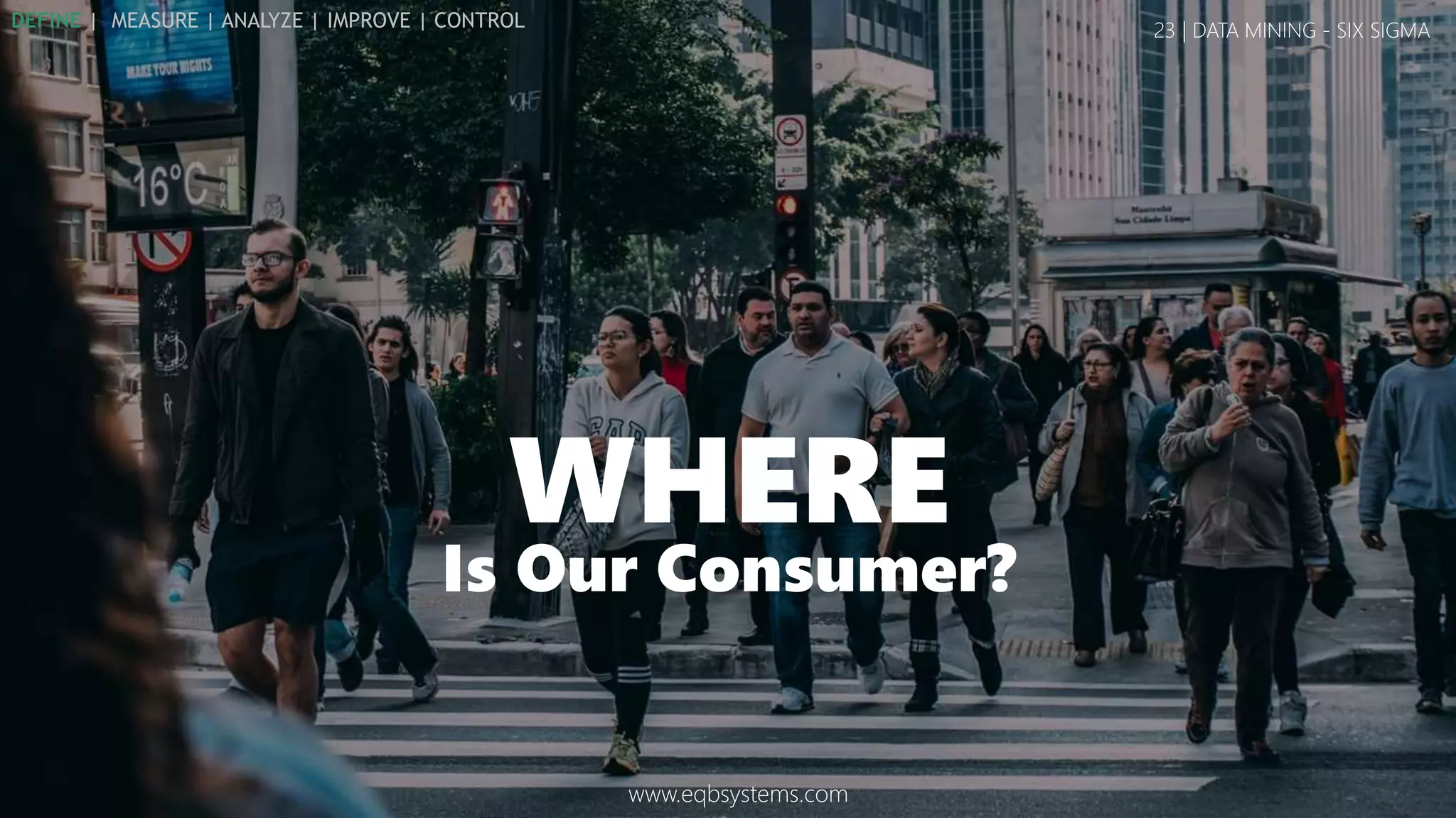 23 | DATA MINING - SIX SIGMA
WHERE
Is Our Consumer?
www.eqbsystems.com
DEFINE | MEASURE | ANALYZE | IMPROVE | CONTROL
 