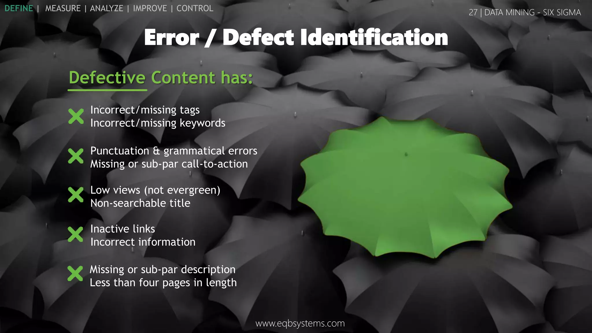 Incorrect/missing tags
Incorrect/missing keywords
27 | DATA MINING - SIX SIGMA
Error / Defect Identification
Defective Content has:
www.eqbsystems.com
DEFINE | MEASURE | ANALYZE | IMPROVE | CONTROL
Missing or sub-par description
Less than four pages in length
Punctuation & grammatical errors
Missing or sub-par call-to-action
Low views (not evergreen)
Non-searchable title
Inactive links
Incorrect information
 