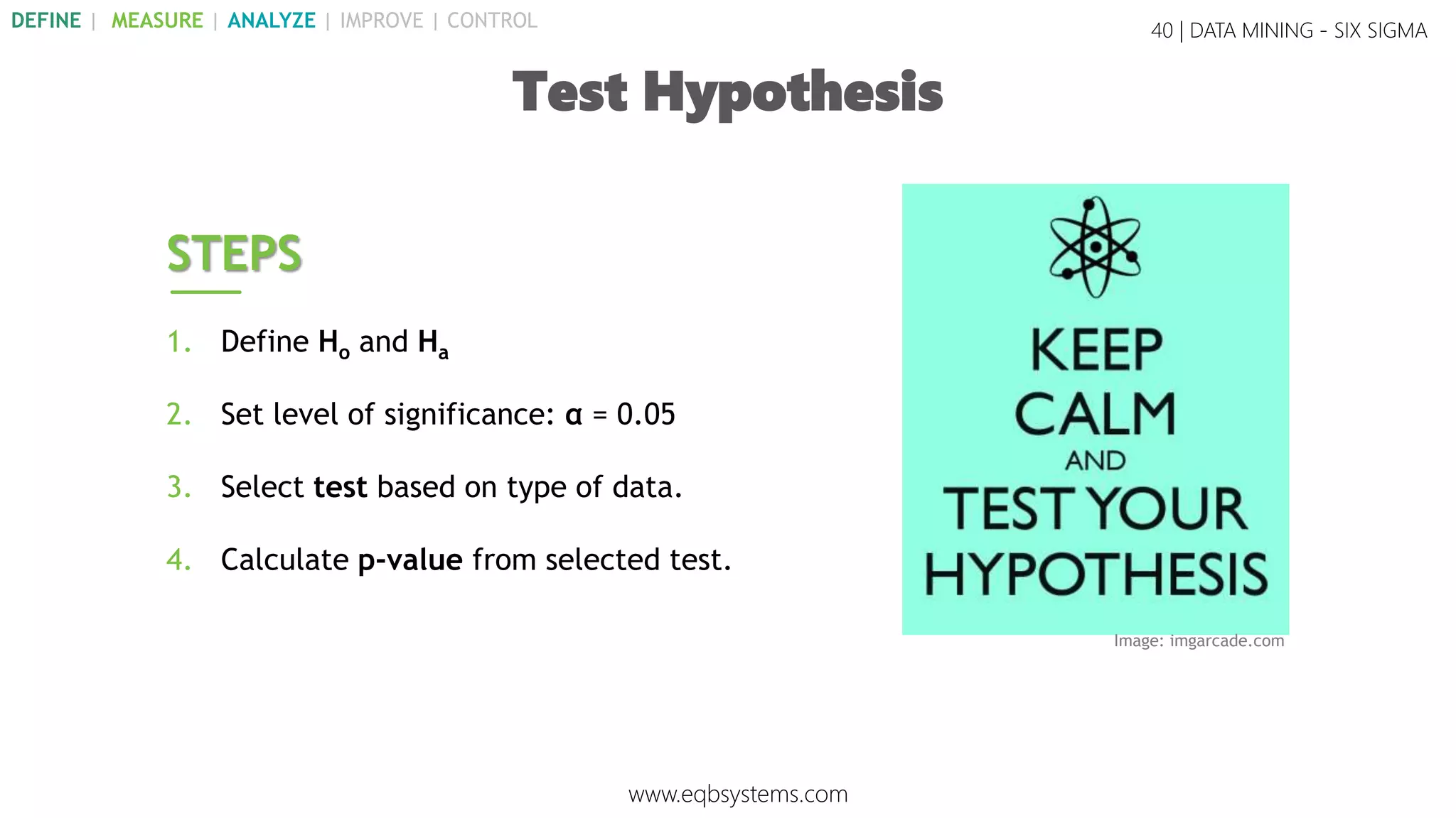 STEPS
1. Define Ho and Ha
2. Set level of significance: α = 0.05
3. Select test based on type of data.
4. Calculate p-value from selected test.
Image: imgarcade.com
40 | DATA MINING - SIX SIGMA
Test Hypothesis
www.eqbsystems.com
DEFINE | MEASURE | ANALYZE | IMPROVE | CONTROL
 
