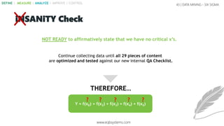 NOT READY to affirmatively state that we have no critical x’s.
Continue collecting data until all 29 pieces of content
are optimized and tested against our new internal QA Checklist.
Y = f(xD) + f(x2) + f(x3) + f(x4) + f(x5)
? ? ? ? ?
43 | DATA MINING - SIX SIGMA
iNSANiTY Check
THEREFORE…
www.eqbsystems.com
DEFINE | MEASURE | ANALYZE | IMPROVE | CONTROL
 
