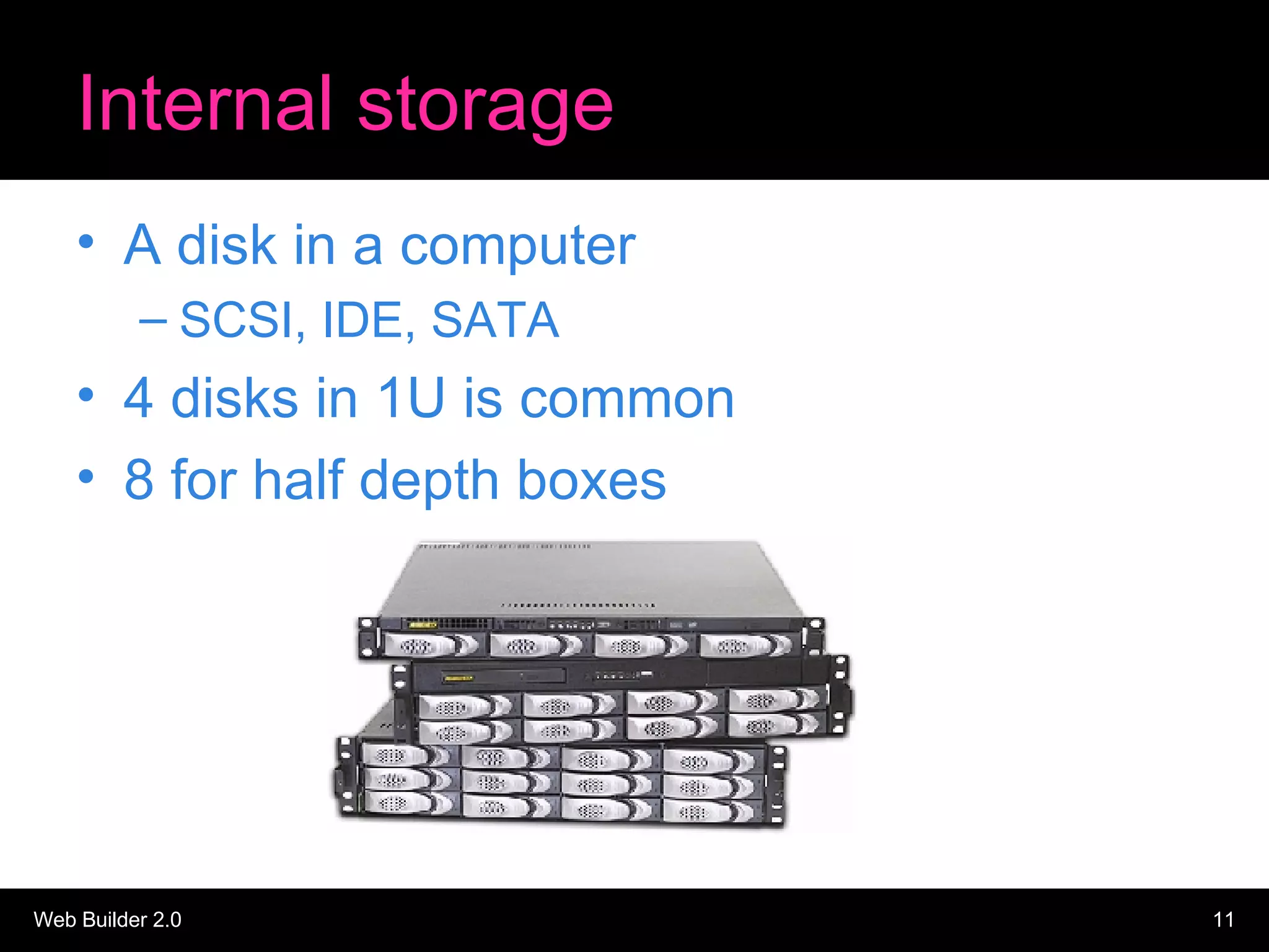 Internal storage A disk in a computer SCSI, IDE, SATA 4 disks in 1U is common 8 for half depth boxes 