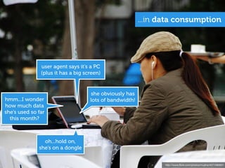 ...in data consumption




               user agent says it’s a PC
               (plus it has a big screen)


                                    she obviously has
hmm...I wonder                      lots of bandwidth!
how much data
she’s used so far
  this month?



                oh...hold on,
              she’s on a dongle


                                                                http://www.ﬂickr.com/photos/mujitra/4571580931
 