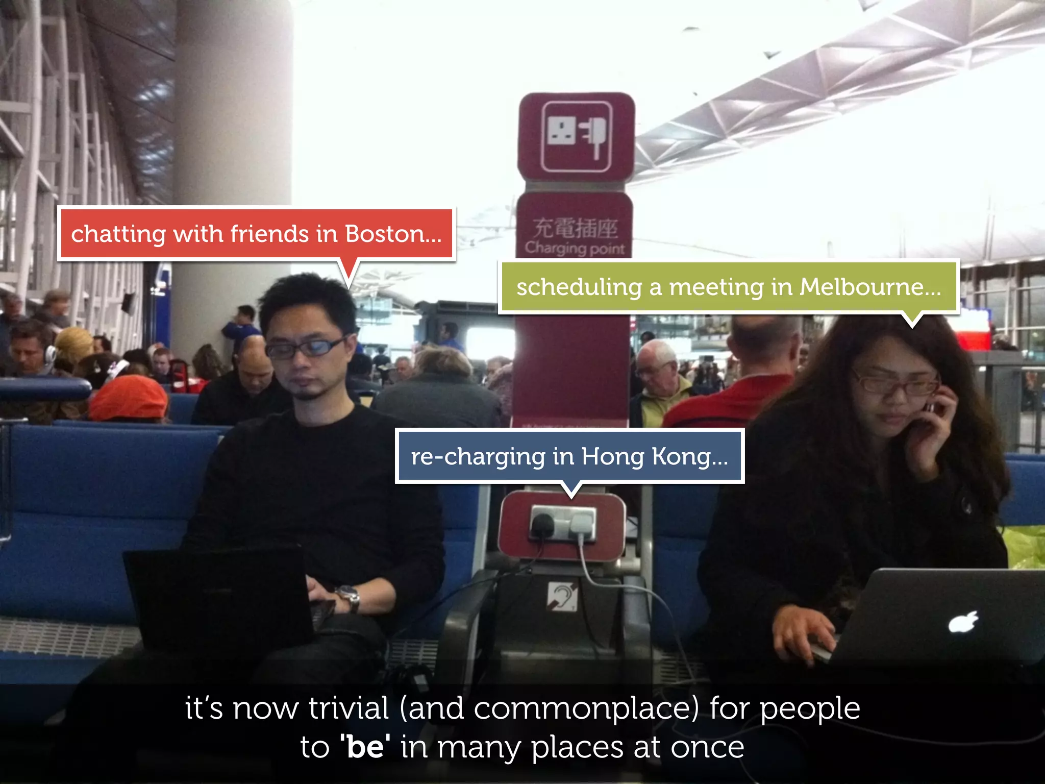 chatting with friends in Boston...

                                       scheduling a meeting in Melbourne...




                               re-charging in Hong Kong...




          it’s now trivial (and commonplace) for people
                  to 'be' in many places at once
 