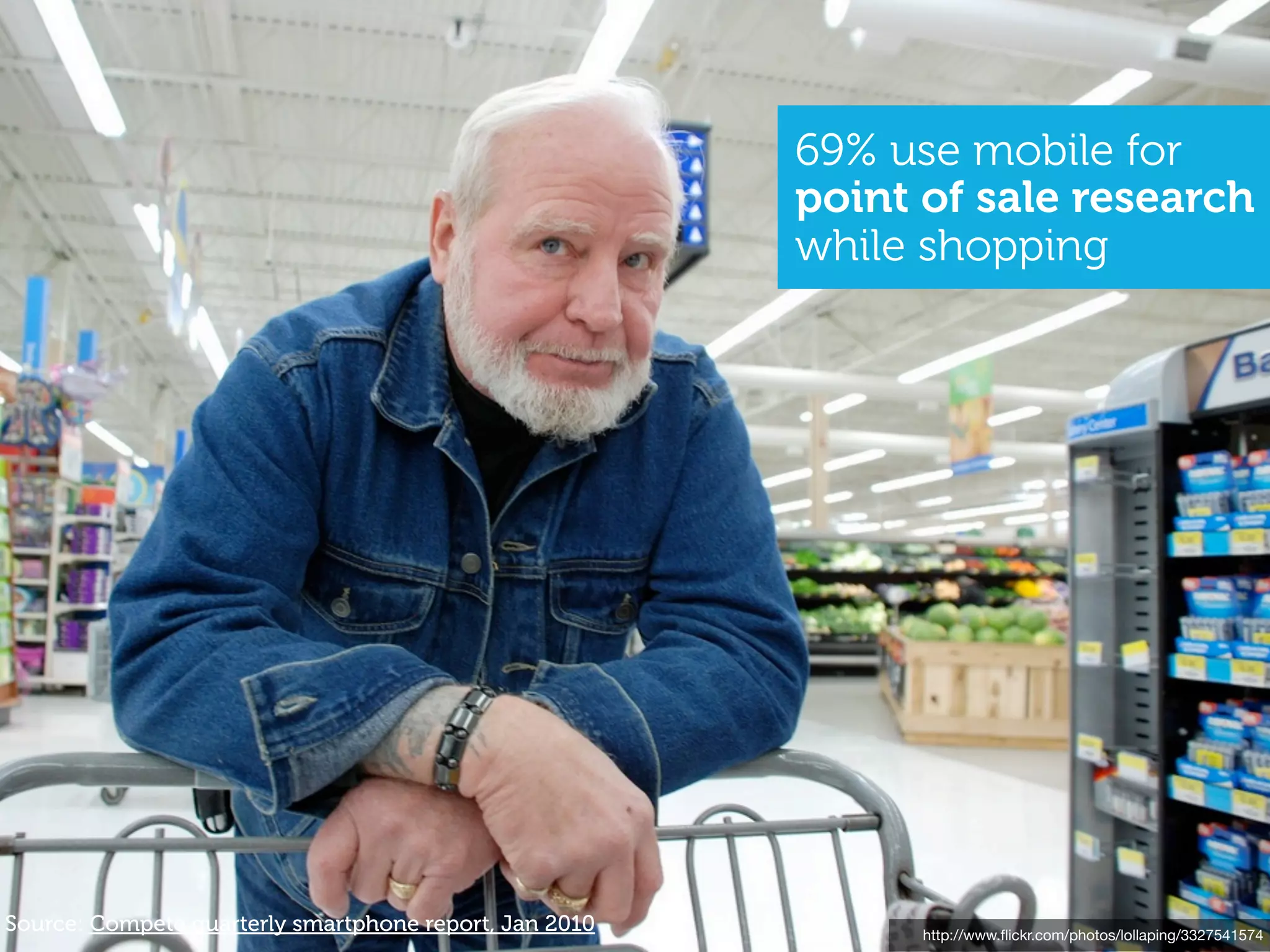 69% use mobile for
                                                        point of sale research
                                                        while shopping




Source: Compete quarterly smartphone report, Jan 2010         http://www.ﬂickr.com/photos/lollaping/3327541574
 
